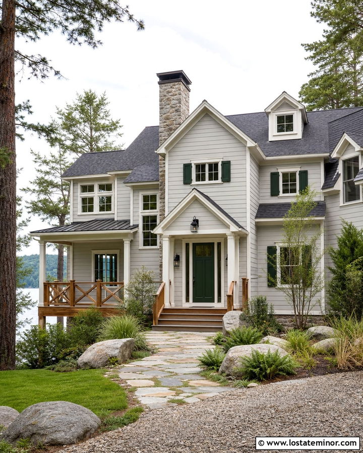 Light Grey Lake House With Forest Green Door - 30 Light Grey House Design With Front Door Ideas
