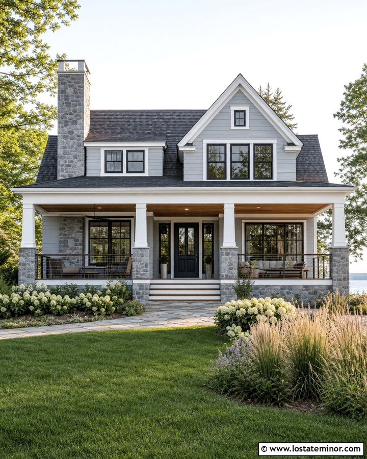 Light Grey Lake House With Stone Accents - 30 Light Grey House Design With Stone Accents Ideas