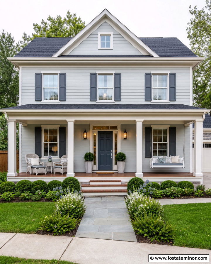 Light Grey Lap Siding House With Wide Front Porch - 30 Light Grey House Design With Front Porch Ideas