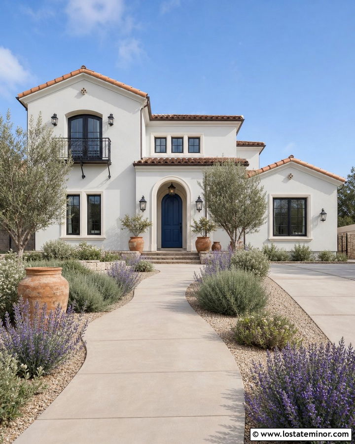Light Grey Mediterranean House With Blue Front Door - 30 Light Grey House Design With Front Door Ideas