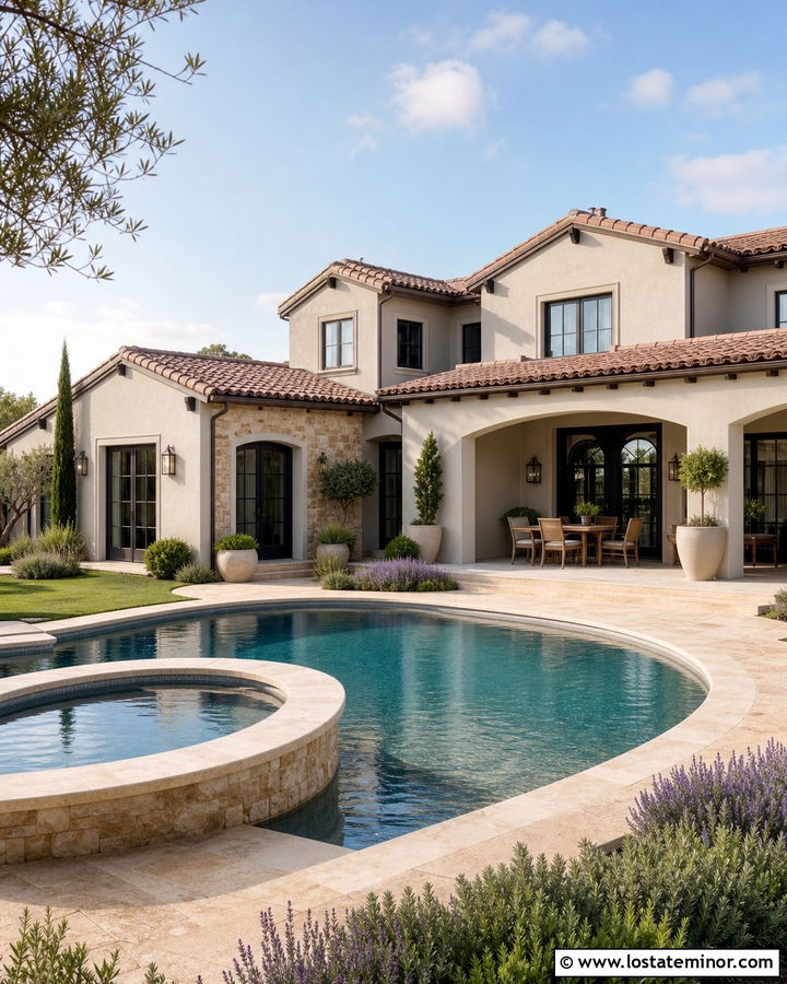 Light Grey Mediterranean House With Curved Pool - 30 Light Grey House Design With Swimming Pool Ideas