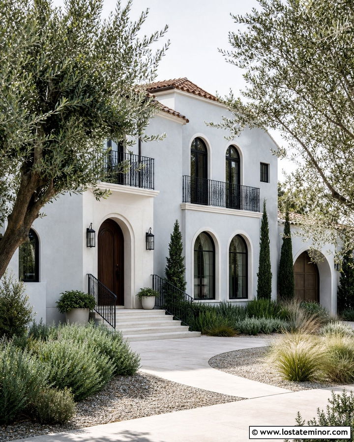 Light Grey Mediterranean House With Iron Railings - 30 Light Grey House Design With Railings Ideas