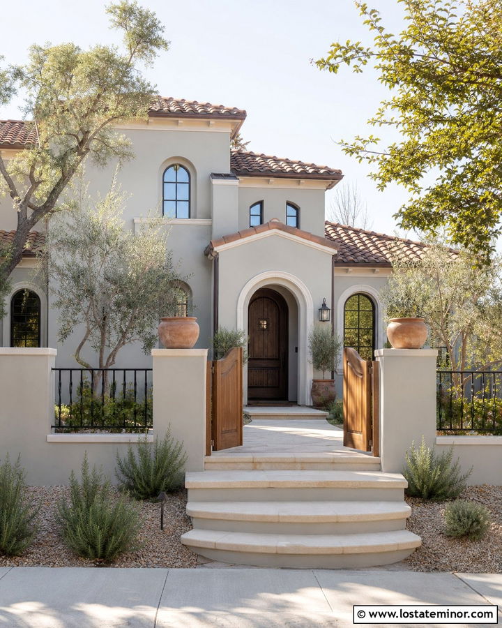 Light Grey Mediterranean House With Stucco Wall Fence - 30 Light Grey House Design With Fence Ideas