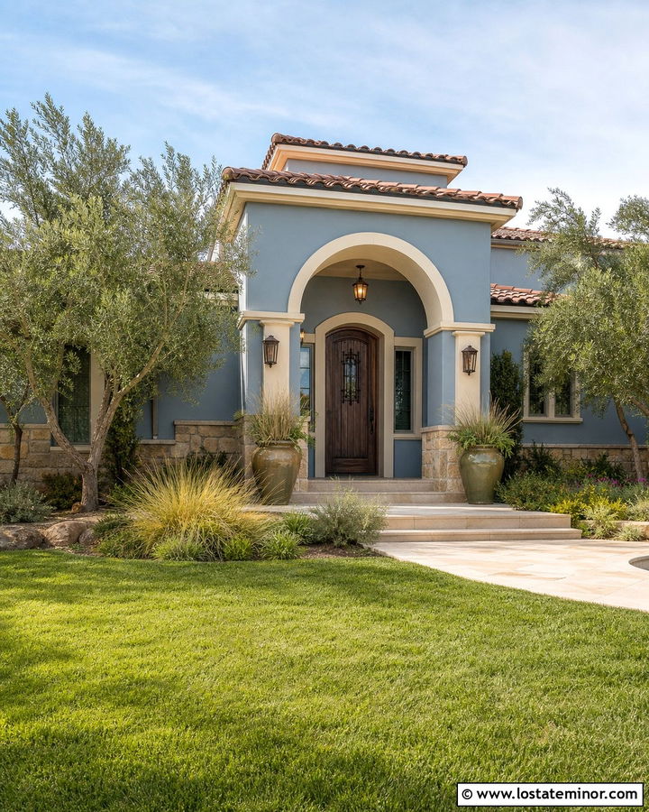 Light Grey Mediterranean House With Tile Portico - 30 Light Grey House Design With Portico Ideas