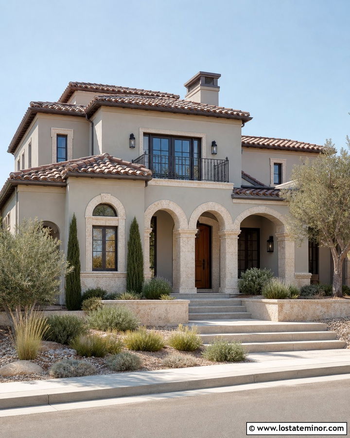 Light Grey Mediterranean House With Travertine - 30 Light Grey House Design With Stone Accents Ideas