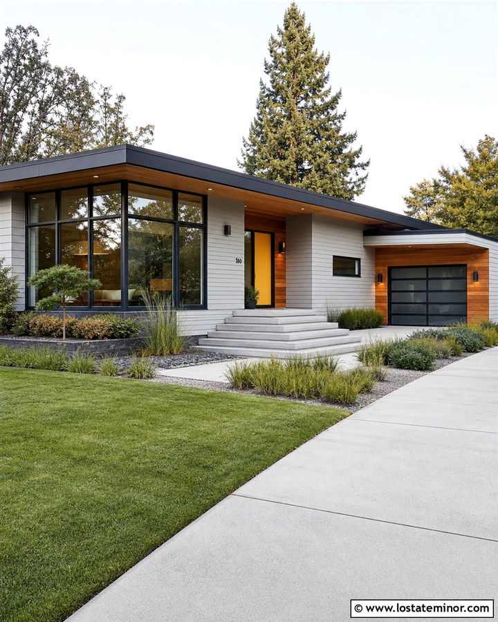 Light Grey Mid Century House With Corner Sunroom - 30 Light Grey House Design With Sunroom Ideas