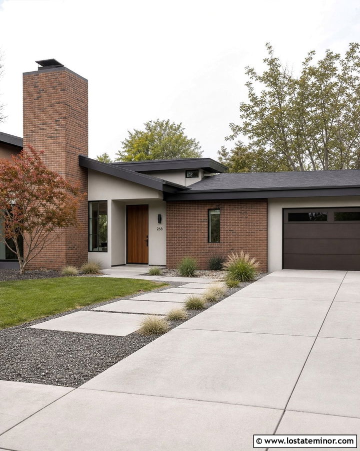 Light Grey Mid Century House With Roman Brick - 30 Light Grey House Design With Brick Accents Ideas