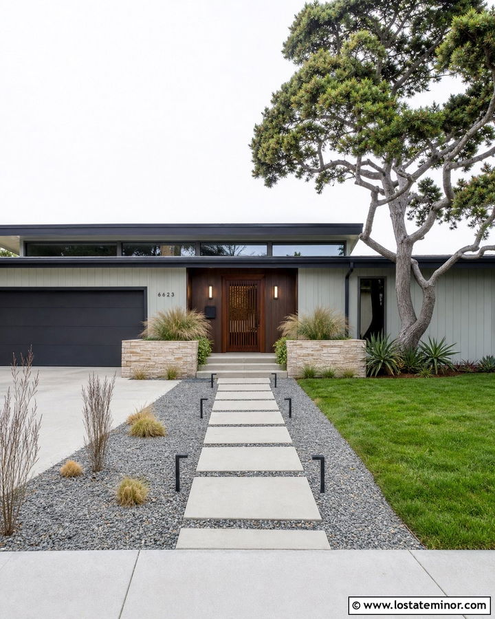 Light Grey Mid Century House With Walnut Screen Door - 30 Light Grey House Design With Screen Door Ideas