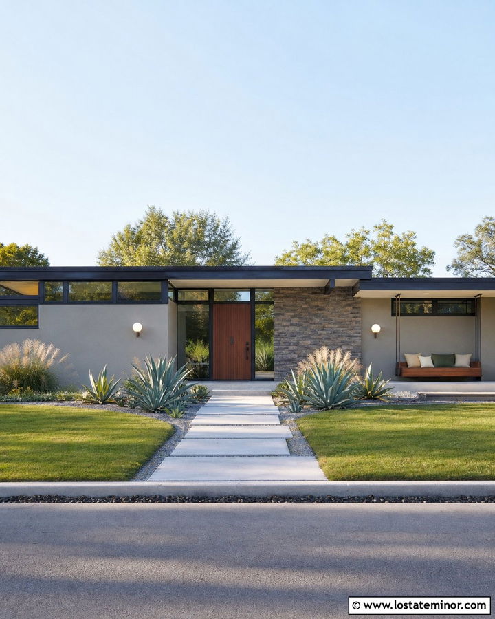 Light Grey Midcentury House With Bench Swing - 30 Light Grey House Design With Swing Ideas