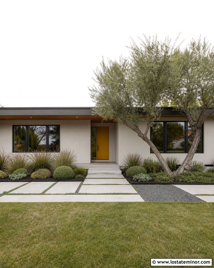 Light Grey Midcentury House With Horizontal Landscaping - 30 Light Grey House Design With Front Yard Ideas