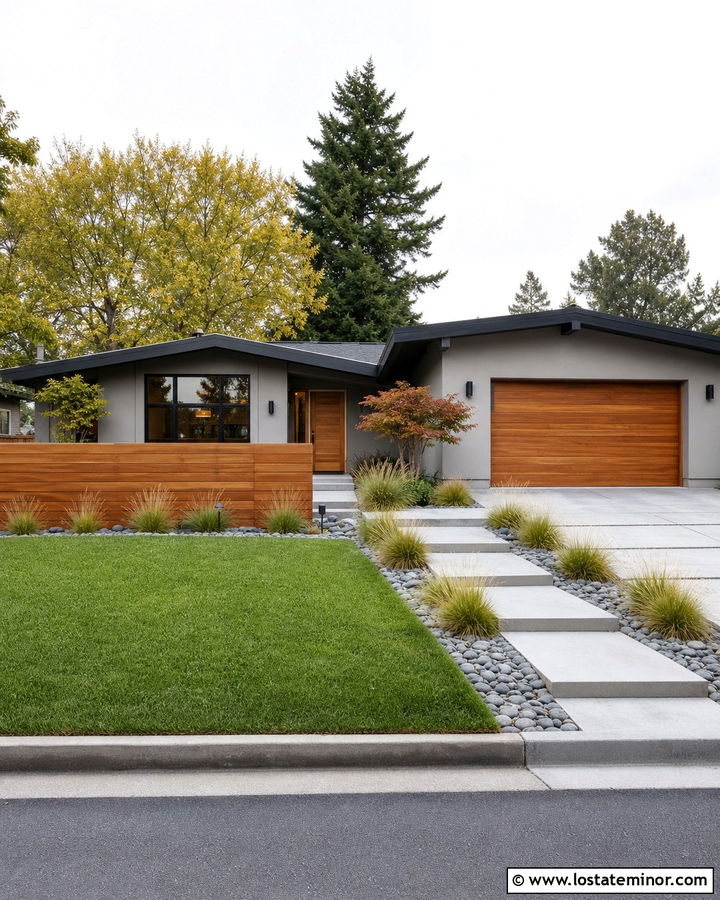 Light Grey Midcentury House With Horizontal Wood Fence - 30 Light Grey House Design With Fence Ideas