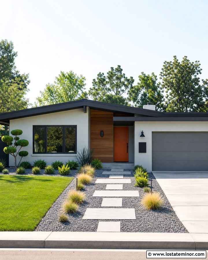 Light Grey Midcentury House With Orange Door - 30 Light Grey House Design With Front Door Ideas