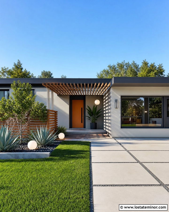 Light Grey Midcentury House With Slatted Pergola - 30 Light Grey House Design With Pergola Ideas