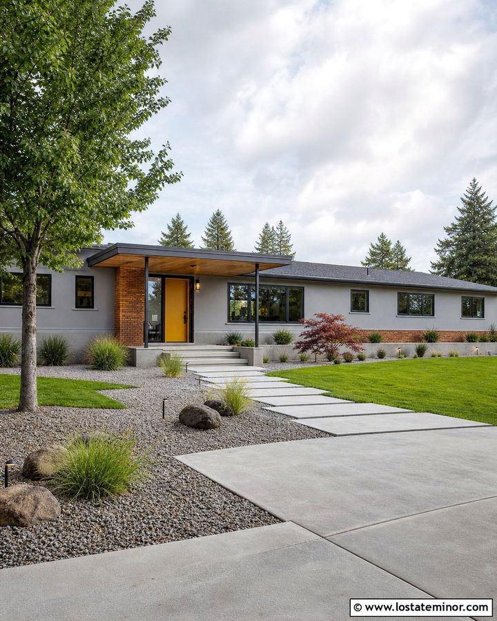 Light Grey Midcentury House With Wood Portico - 30 Light Grey House Design With Portico Ideas