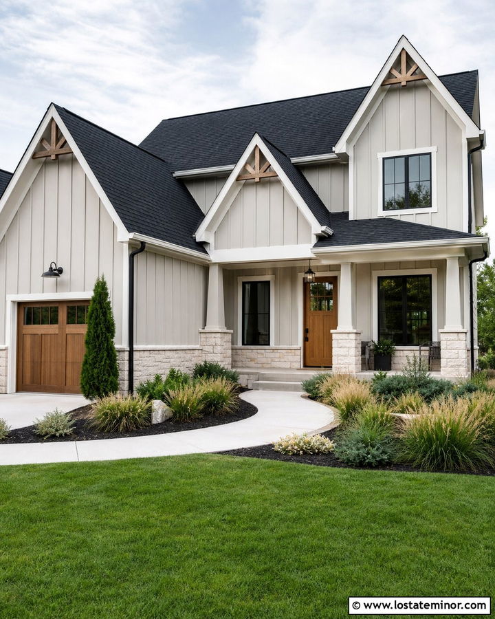 Light Grey Modern Farmhouse With Black Roof - 30 Light Grey House Design With Gables Ideas