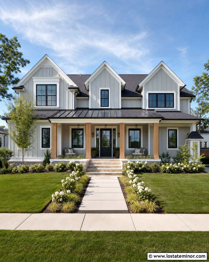 Light Grey Modern Farmhouse With Glass Dutch Door - 30 Light Grey House Design With Dutch Door Ideas