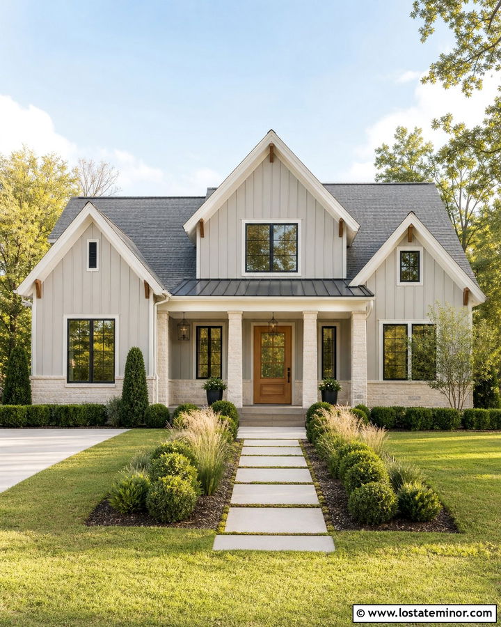 Light Grey Modern Farmhouse With Limestone - 30 Light Grey House Design With Stone Accents Ideas