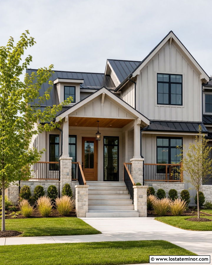 Light Grey Modern Farmhouse With Wood And Black Railings - 30 Light Grey House Design With Railings Ideas