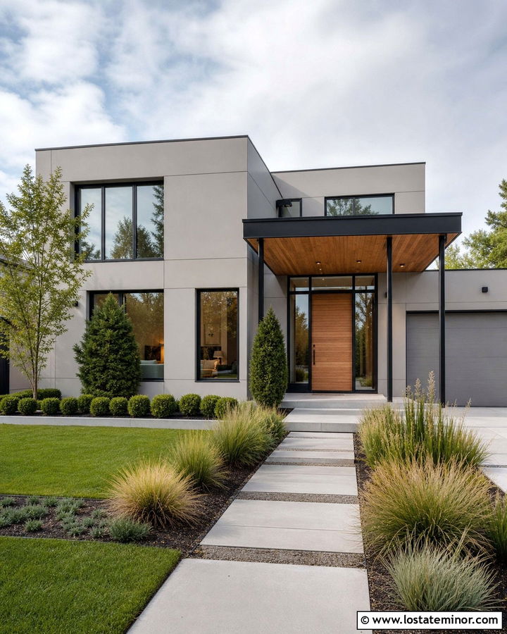 Light Grey Modern House With Black Front Porch - 30 Light Grey House Design With Front Porch Ideas