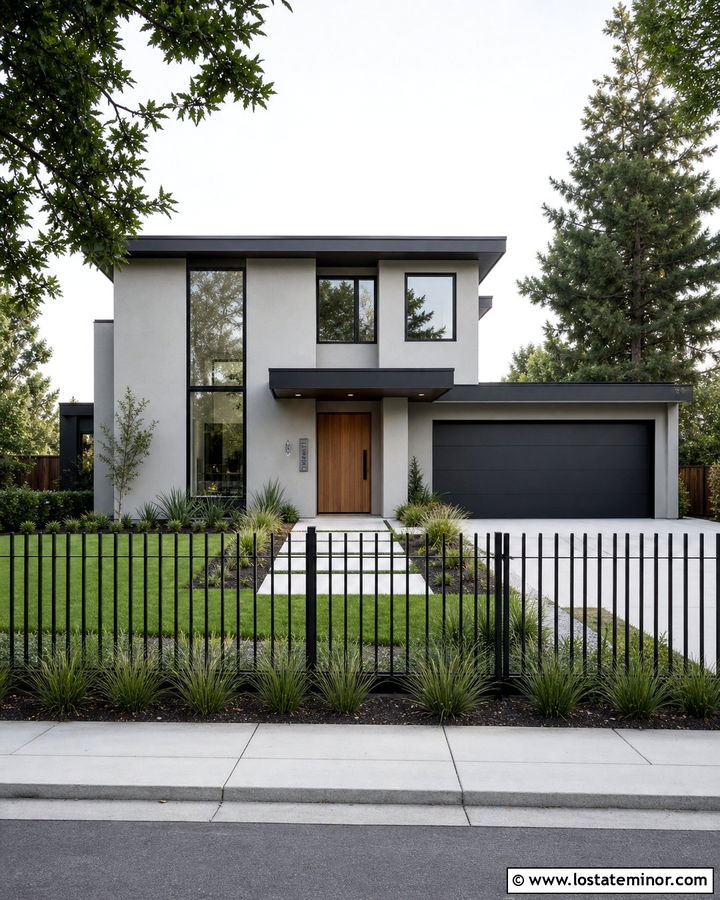 Light Grey Modern House With Black Metal Fence - 30 Light Grey House Design With Fence Ideas