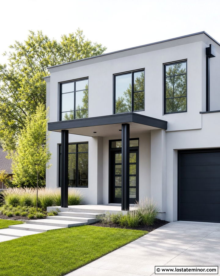 Light Grey Modern House With Black Porch Columns - 30 Light Grey House Design With Porch Columns Ideas