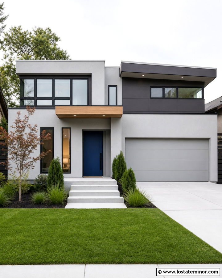 Light Grey Modern House With Cobalt Blue Door - 30 Light Grey House Design With Front Door Ideas