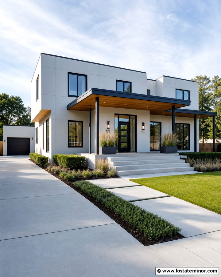 Light Grey Modern House With Flat Porch And Steel Columns - 30 Light Grey House Design With Porch Columns Ideas