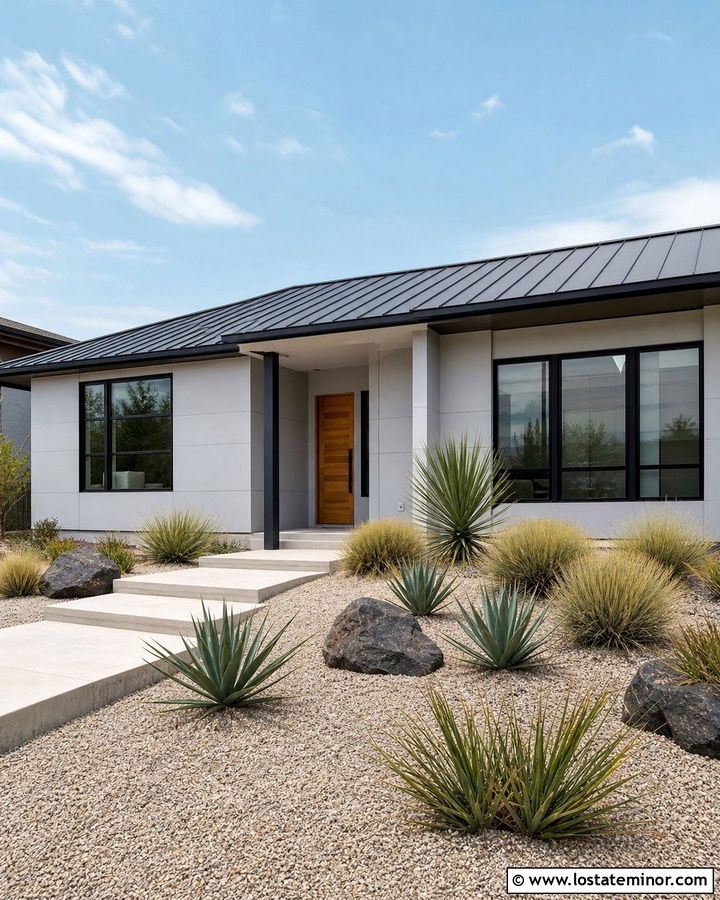 Light Grey Modern House With Gravel Front Yard - 30 Light Grey House Design With Front Yard Ideas