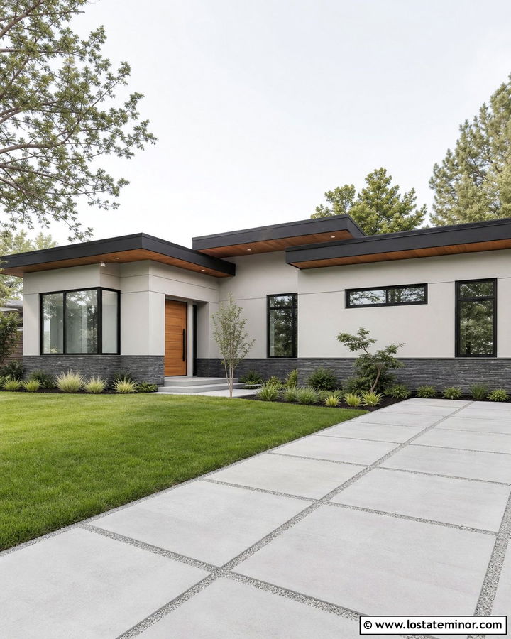 Light Grey Modern House With Linear Stone Wainscoting - 30 Light Grey House Design With Wainscoting Ideas