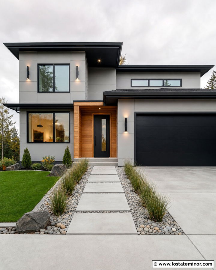 Light Grey Modern House With Linear Wall Lights - 30 Light Grey House Design With Lighting Ideas