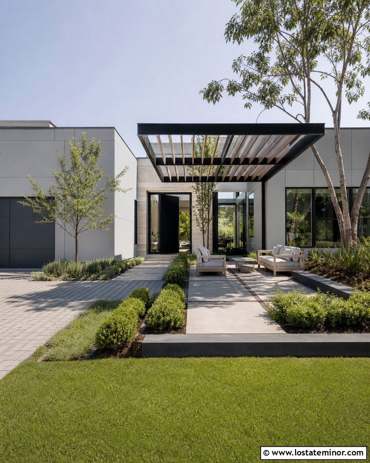 Light Grey Modern House With Stone Courtyard Pergola - 30 Light Grey House Design With Pergola Ideas