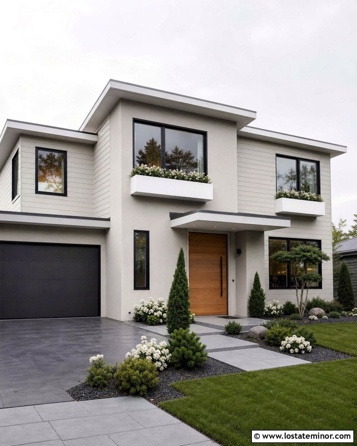 Light Grey Modern House With White Metal Window Boxes - 30 Light Grey House Design With Window Boxes Ideas