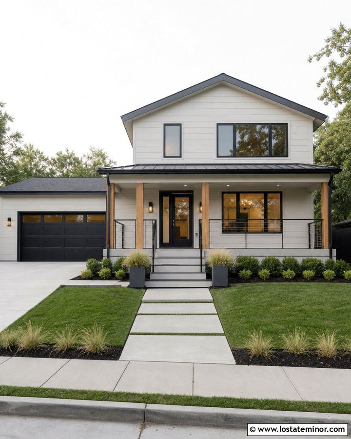 Light Grey Modern House With Wood Columns And Cable Railing - 30 Light Grey House Design With Porch Columns Ideas