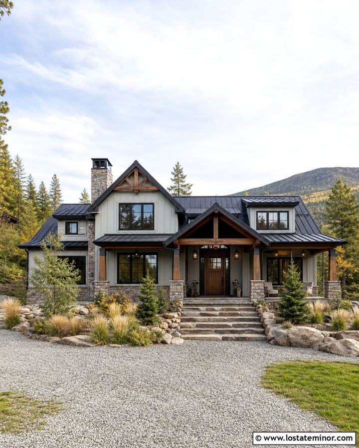 Light Grey Mountain House With Cedar Front Door - 30 Light Grey House Design With Front Door Ideas