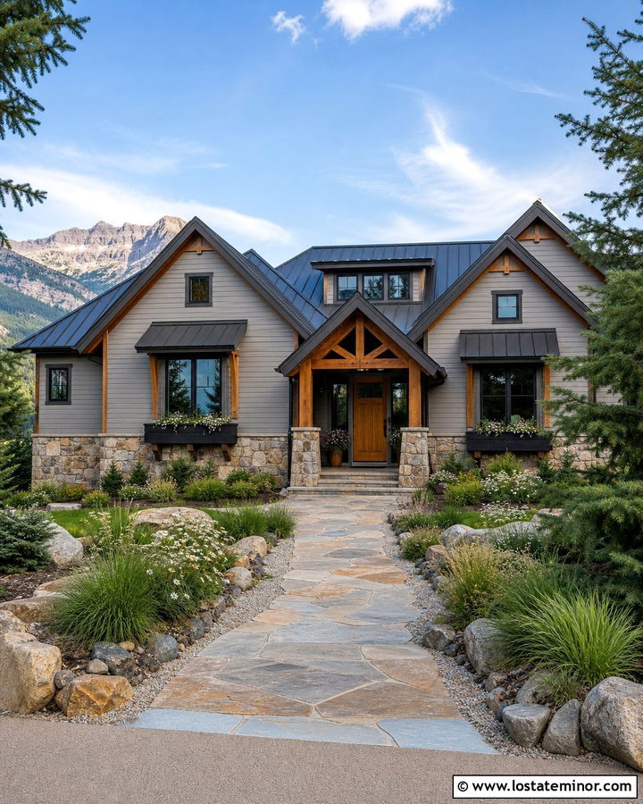 Light Grey Mountain House With Charcoal Window Boxes - 30 Light Grey House Design With Window Boxes Ideas