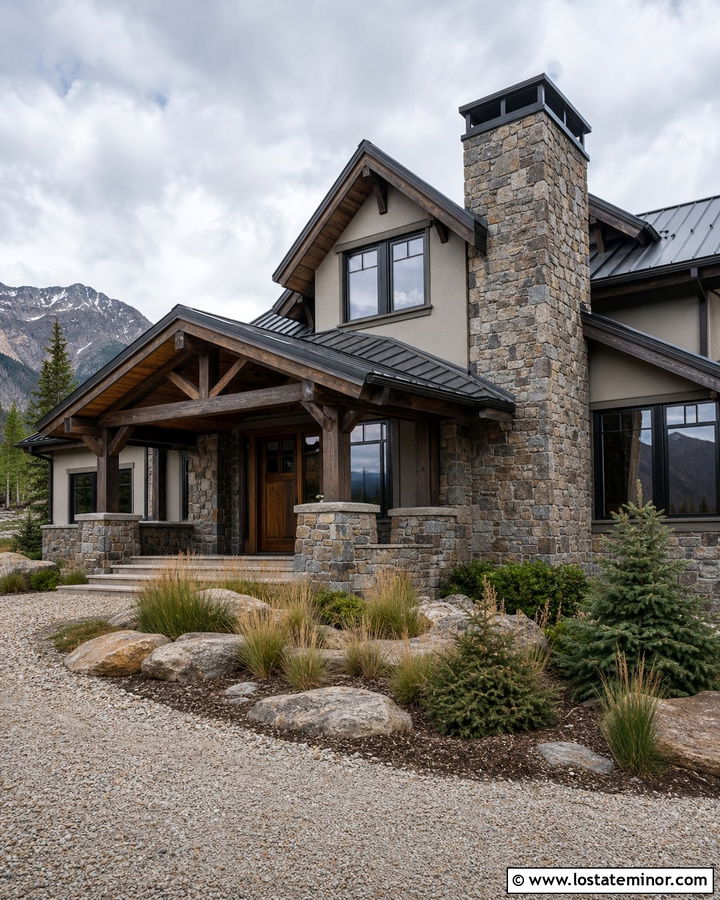 Light Grey Mountain House With Stone Accents - 30 Light Grey House Design With Stone Accents Ideas