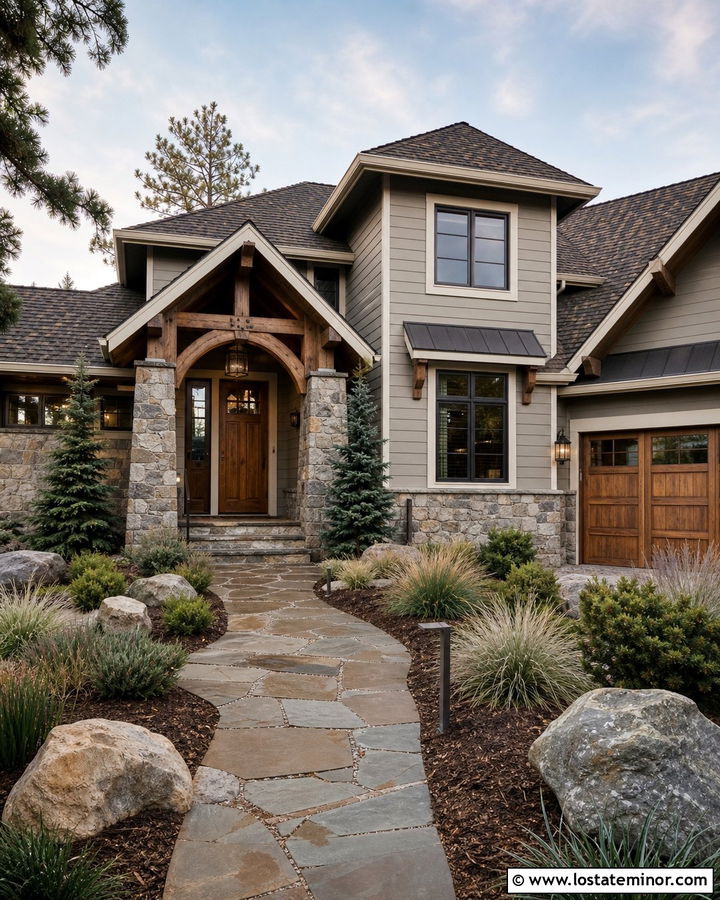 Light Grey Mountain House With Stone And Brown Shingles - 30 Light Grey House Design With Shingles Ideas