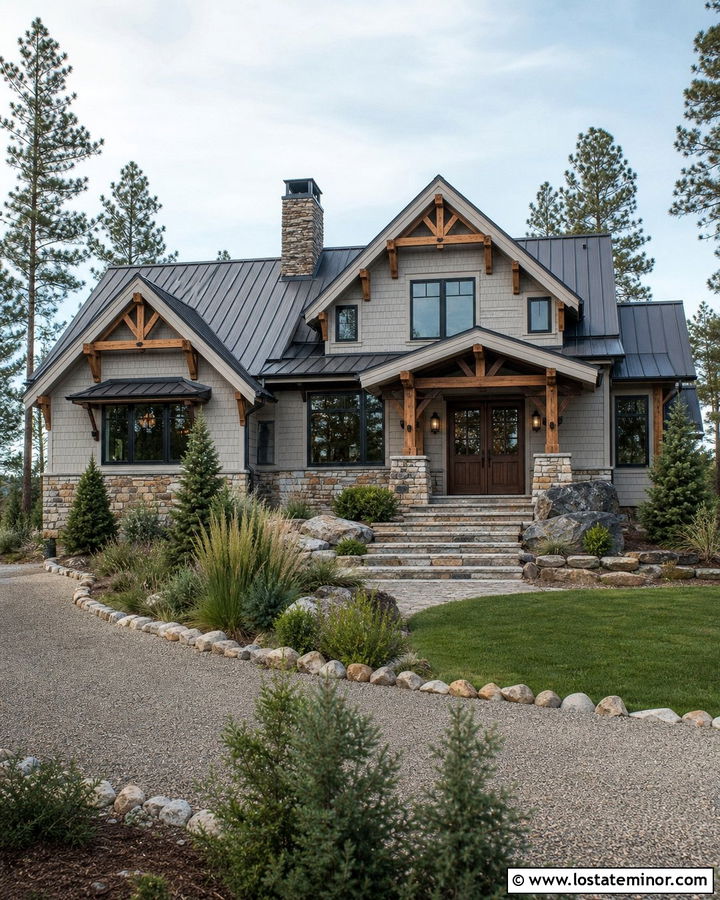 Light Grey Mountain House With Timber Gables - 30 Light Grey House Design With Gables Ideas