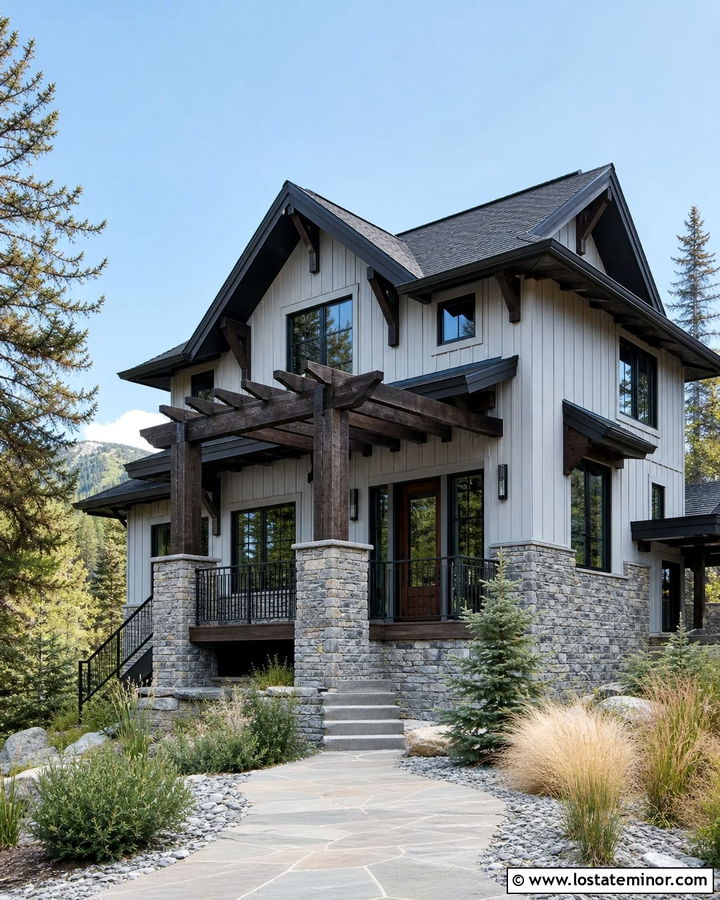 Light Grey Mountain House With Timber Pergola - 30 Light Grey House Design With Pergola Ideas