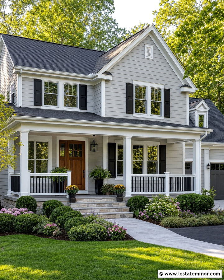 Light Grey Porch With Two Tone Railings - 30 Light Grey House Design With Railings Ideas