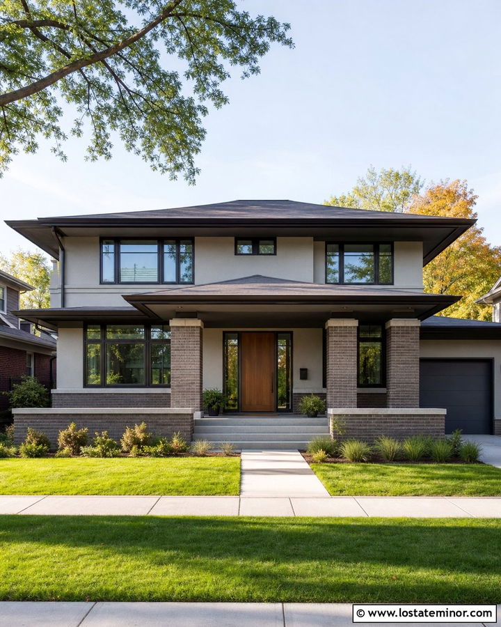 Light Grey Prairie House With Brick Porch Columns - 30 Light Grey House Design With Porch Columns Ideas