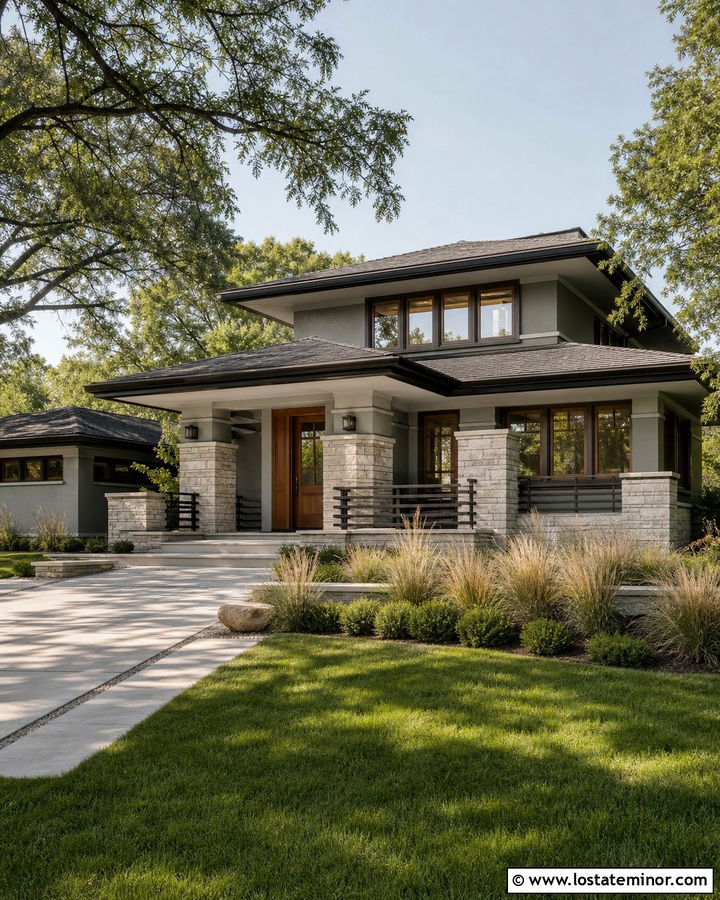Light Grey Prairie House With Bronze Railings - 30 Light Grey House Design With Railings Ideas
