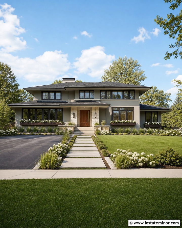 Light Grey Prairie House With Bronze Window Boxes - 30 Light Grey House Design With Window Boxes Ideas