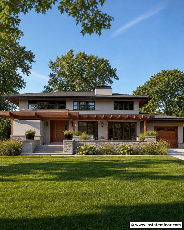 Light Grey Prairie House With Horizontal Pergola - 30 Light Grey House Design With Pergola Ideas