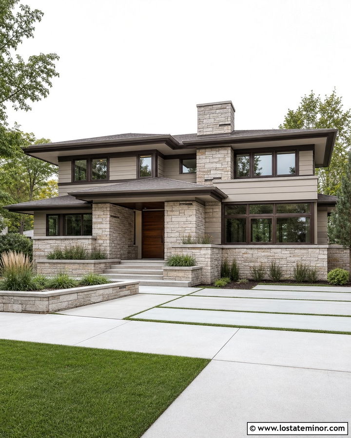 Light Grey Prairie House With Horizontal Stone - 30 Light Grey House Design With Stone Accents Ideas