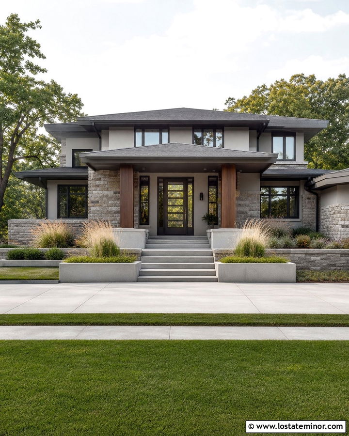 Light Grey Prairie House With Low Portico - 30 Light Grey House Design With Portico Ideas