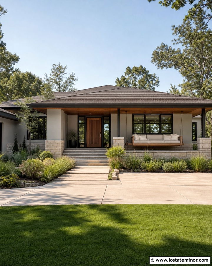 Light Grey Prairie House With Slatted Swing - 30 Light Grey House Design With Swing Ideas