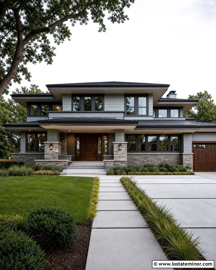 Light Grey Prairie House With Walnut Front Door - 30 Light Grey House Design With Front Door Ideas