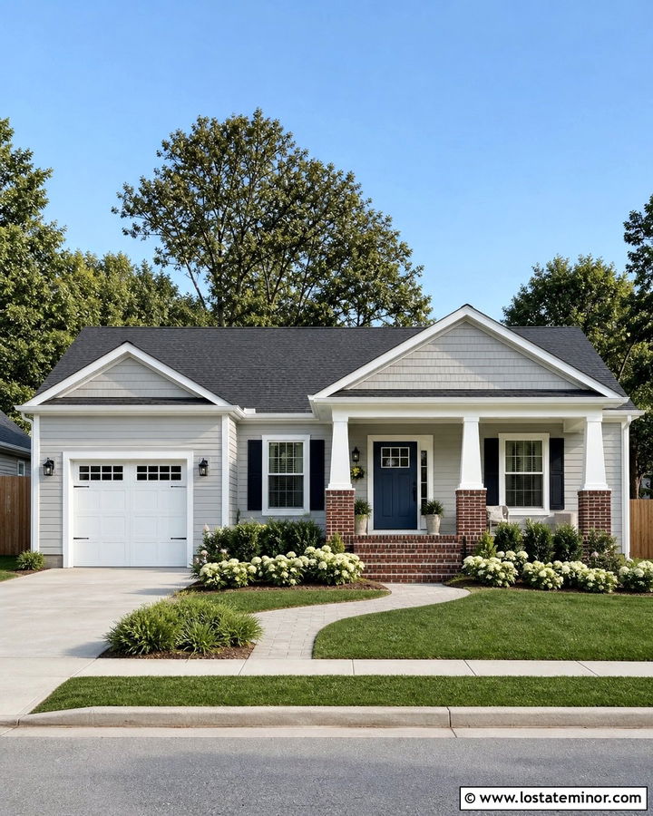 Light Grey Ranch House With Brick Porch Columns - 30 Light Grey House Design With Porch Columns Ideas