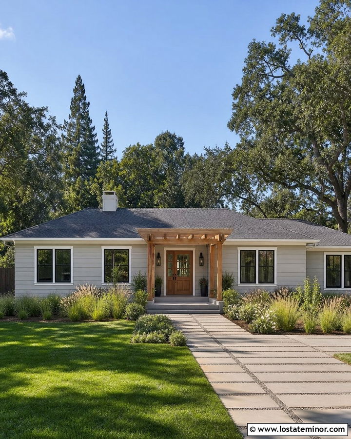 Light Grey Ranch House With Cedar Pergola - 30 Light Grey House Design With Pergola Ideas